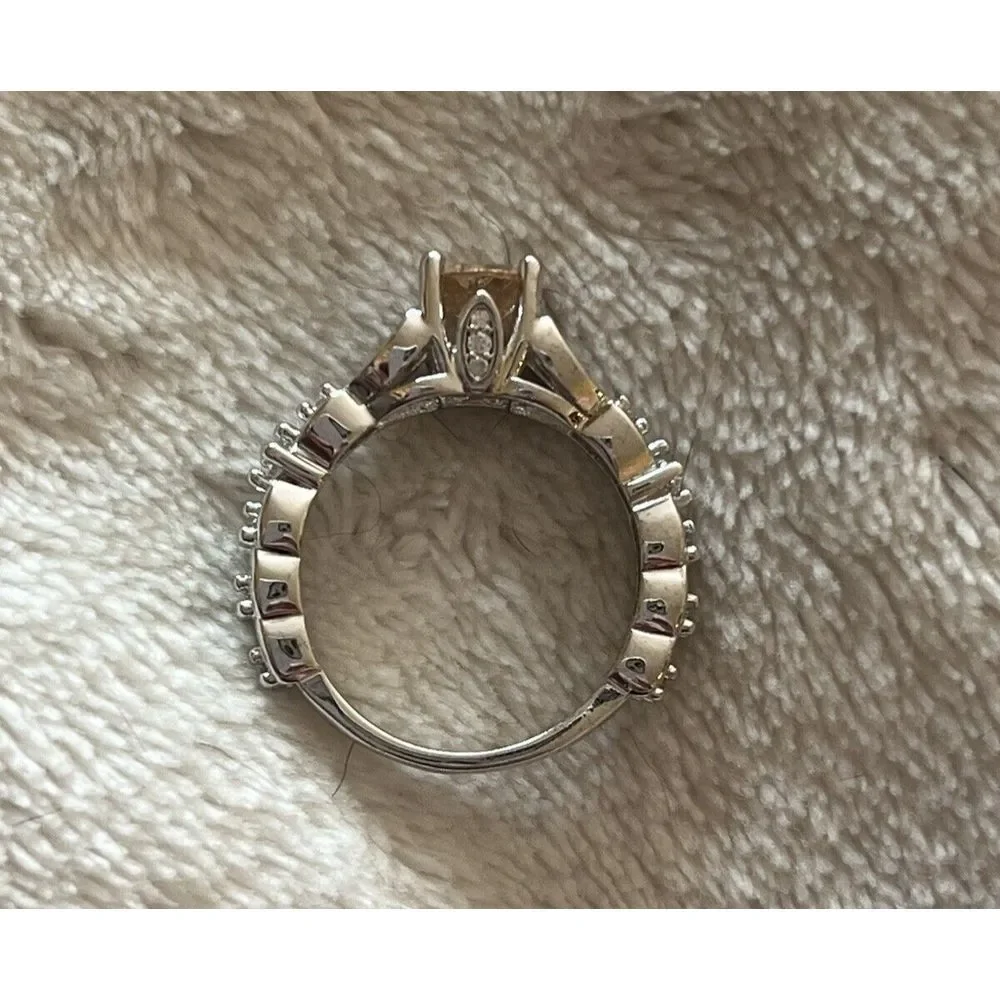 Orange Tint Round Cut Gemstone Silver Tone Ring - Sz 6 - Fashion Costume Jewelry - Picture 5 of 7